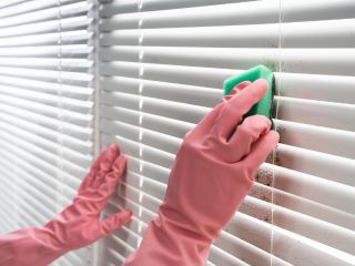 Person using a soft brush to clean fabric blinds.
